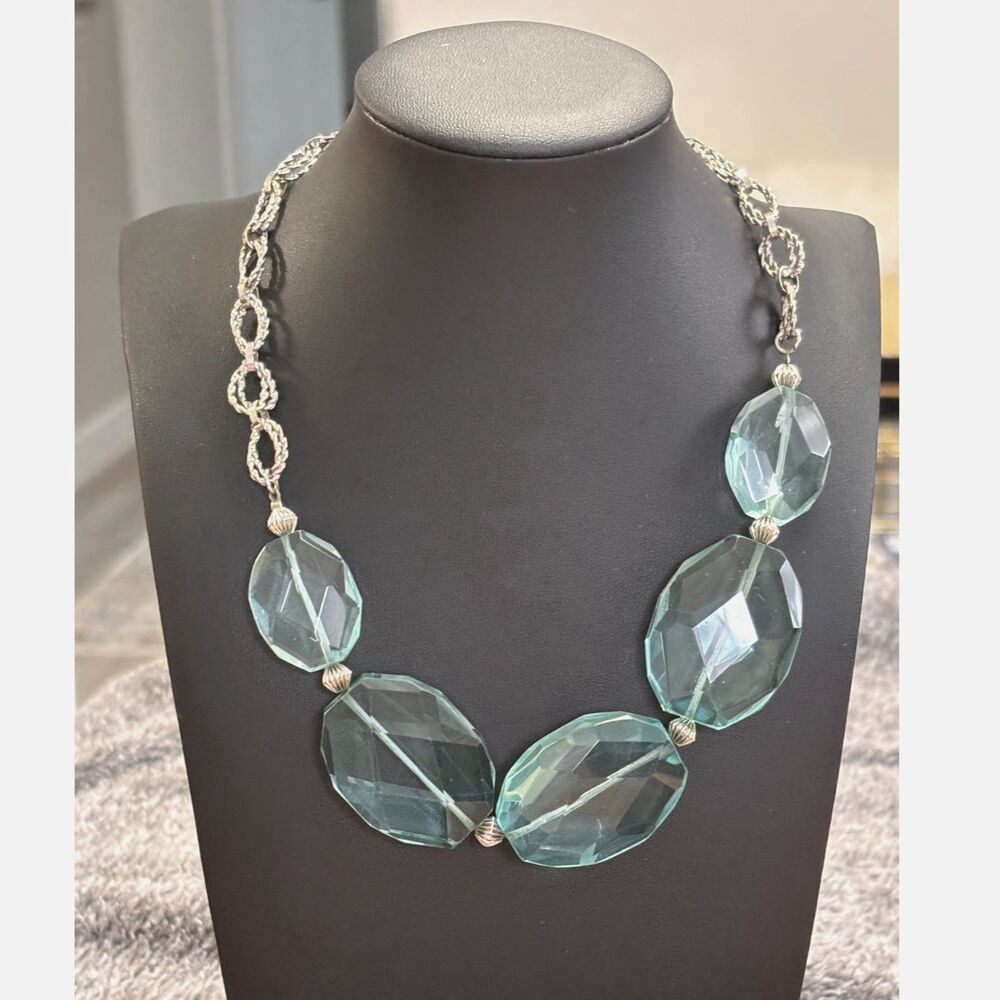 Aqua Glass Double Link Silvertone Statement Necklace